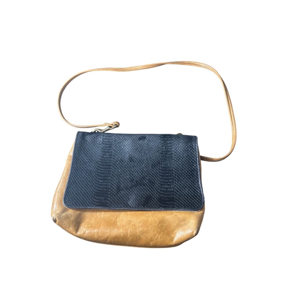Ceri Hoover Black Tan Mixed Media Leather Crossbody Bag